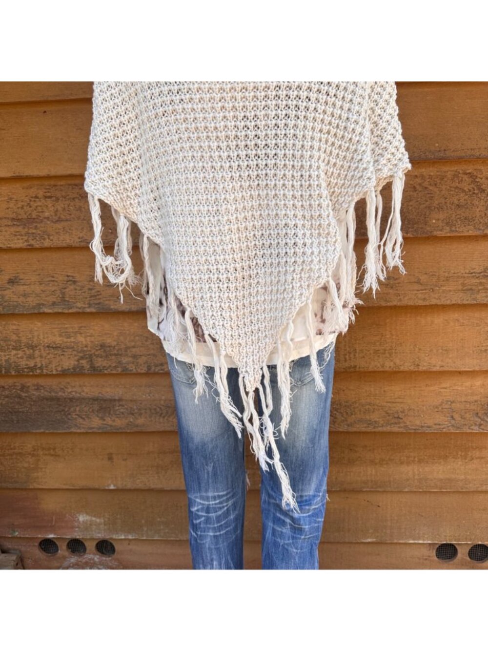 Say What Y2K Beige Woven Acrylic Fringe Poncho Button Collar Open Knit Design - Picture 8 of 8